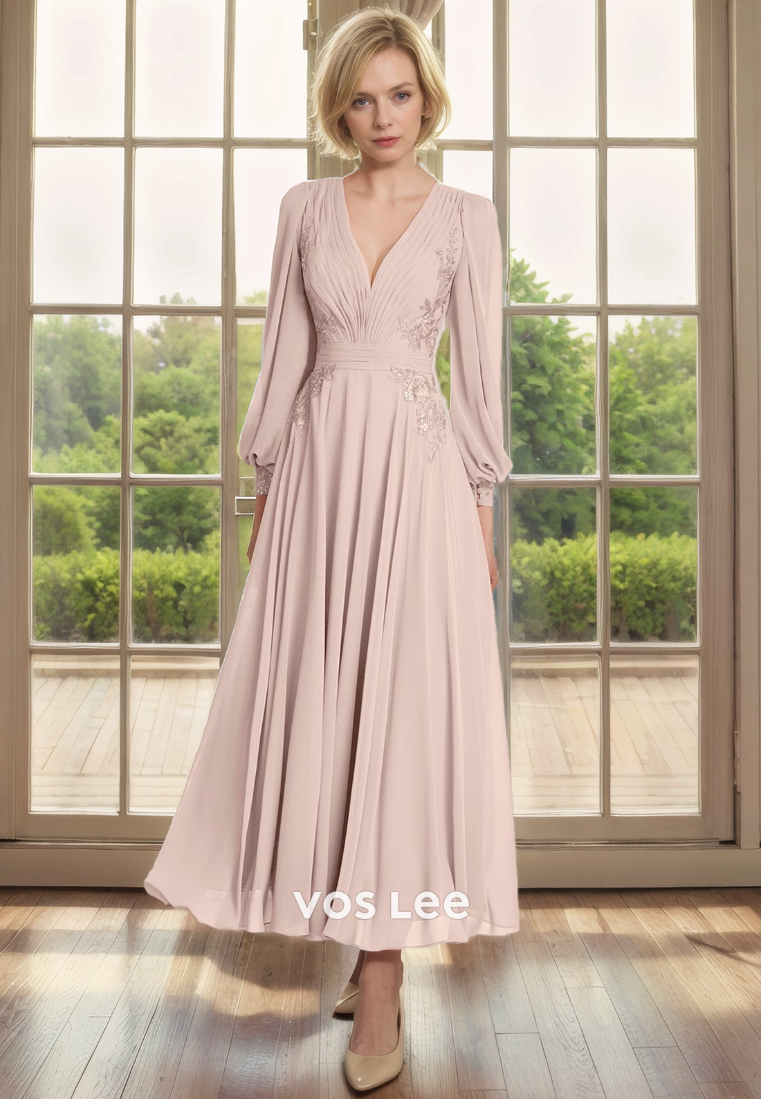 A Line V Neck Chiffon Lace Appliques Long Sleeves Mother of the Bride/Groom  Dress Tea Length