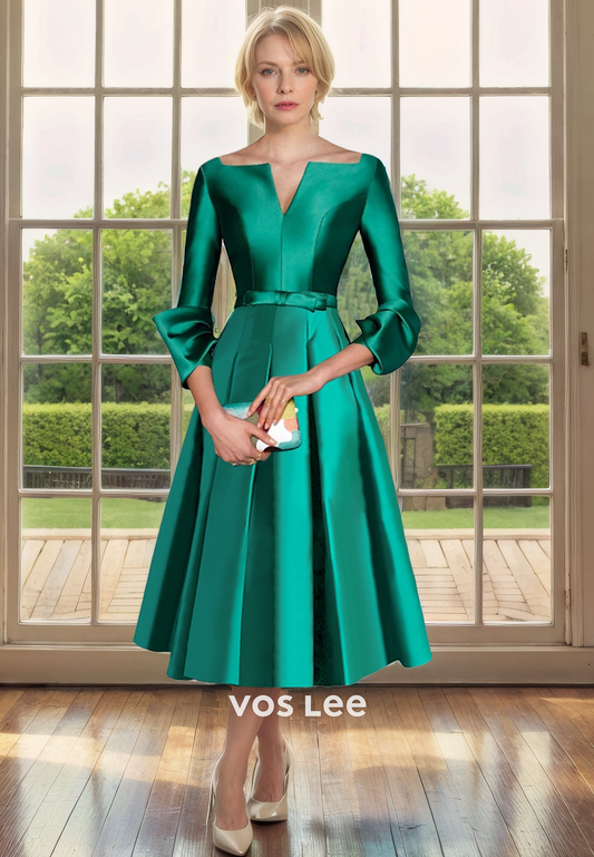 A-Line Square Tea-Length Long Sleeves Mother of the bride Dress with Bow