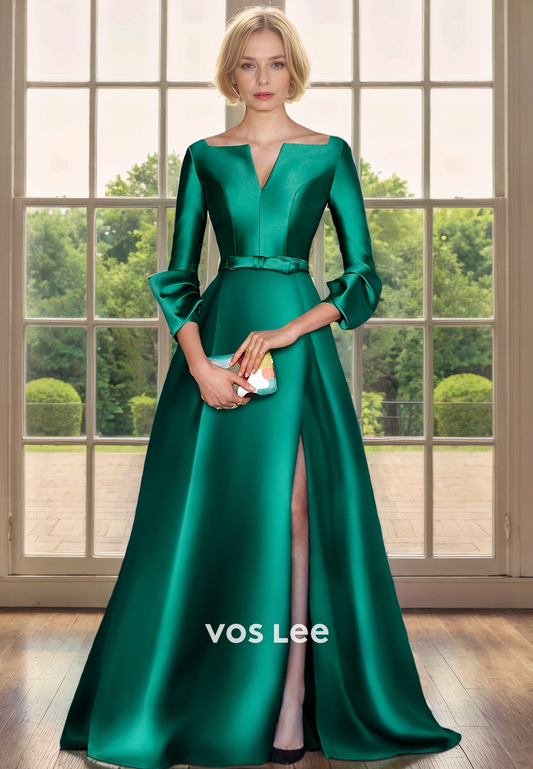 A-Line Square Long Sleeves Floor-Length Mother of the bride Dress with Bow