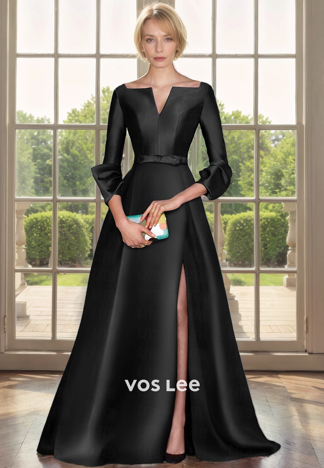 A-Line Square Long Sleeves Floor-Length Mother of the bride Dress with Bow