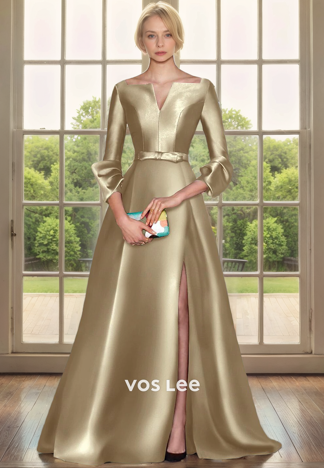 A-Line Square Long Sleeves Floor-Length Mother of the bride Dress with Bow