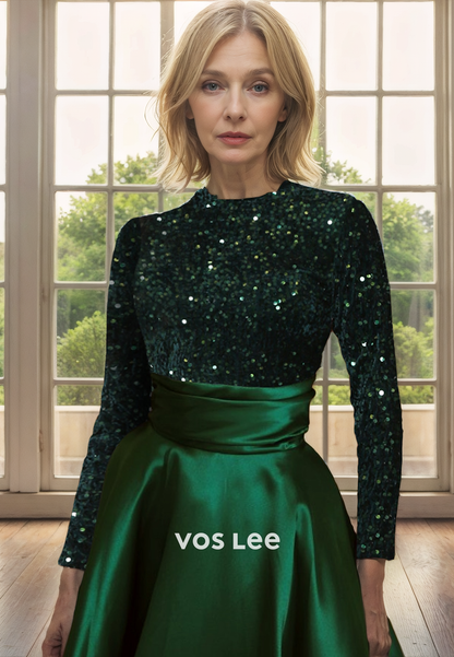 A-Line Round Tea-Length Sequin Top Mother of the Bride Dress