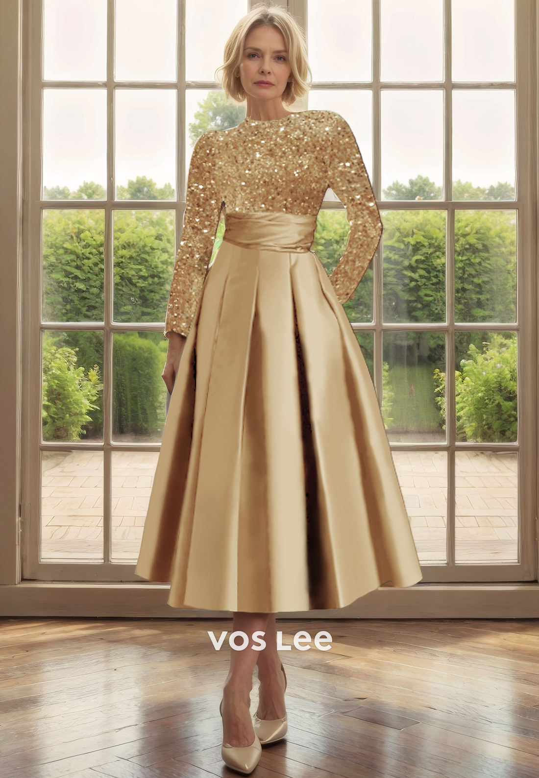 A-Line Round Tea-Length Sequin Top Mother of the Bride Dress