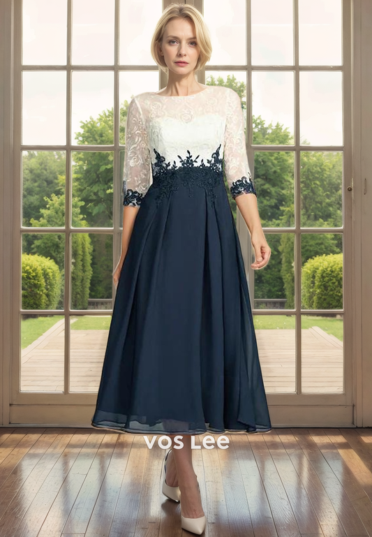 A-Line Bateau Illusion Tea-Length Chiffon Mother of the Bride Dress with Applique Lace