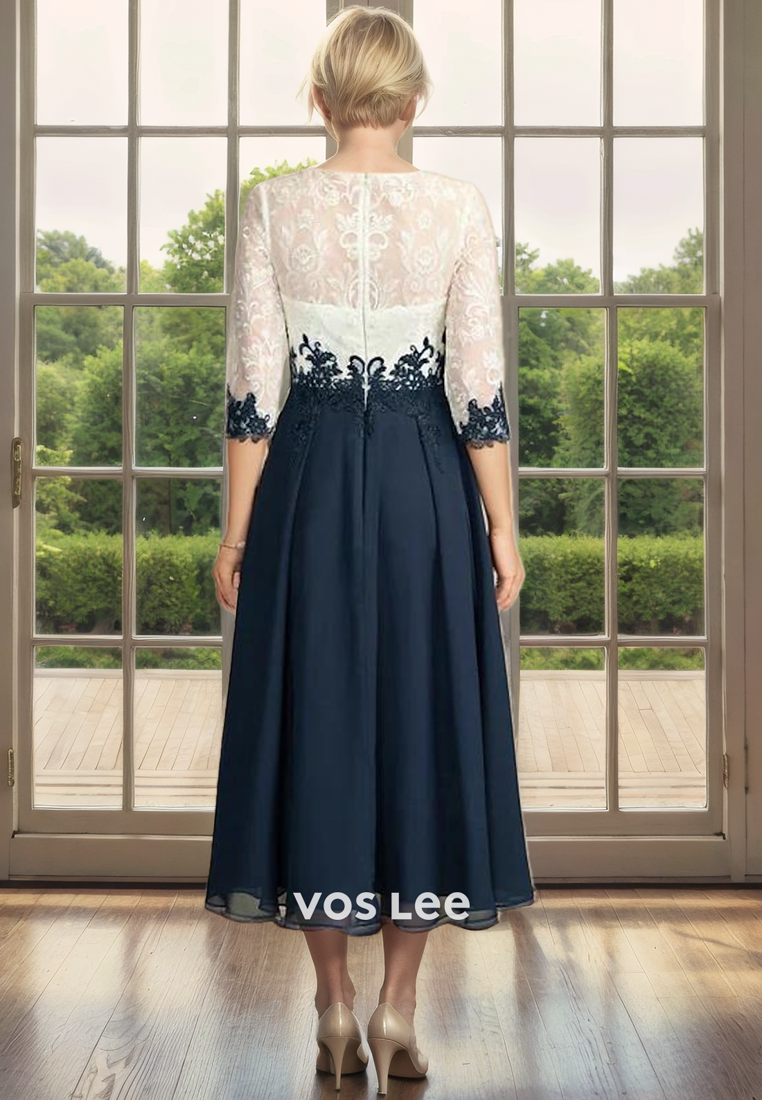 A-Line Bateau Illusion Tea-Length Chiffon Mother of the Bride Dress with Applique Lace