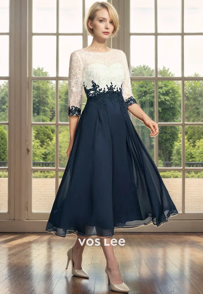 A-Line Bateau Illusion Tea-Length Chiffon Mother of the Bride Dress with Applique Lace