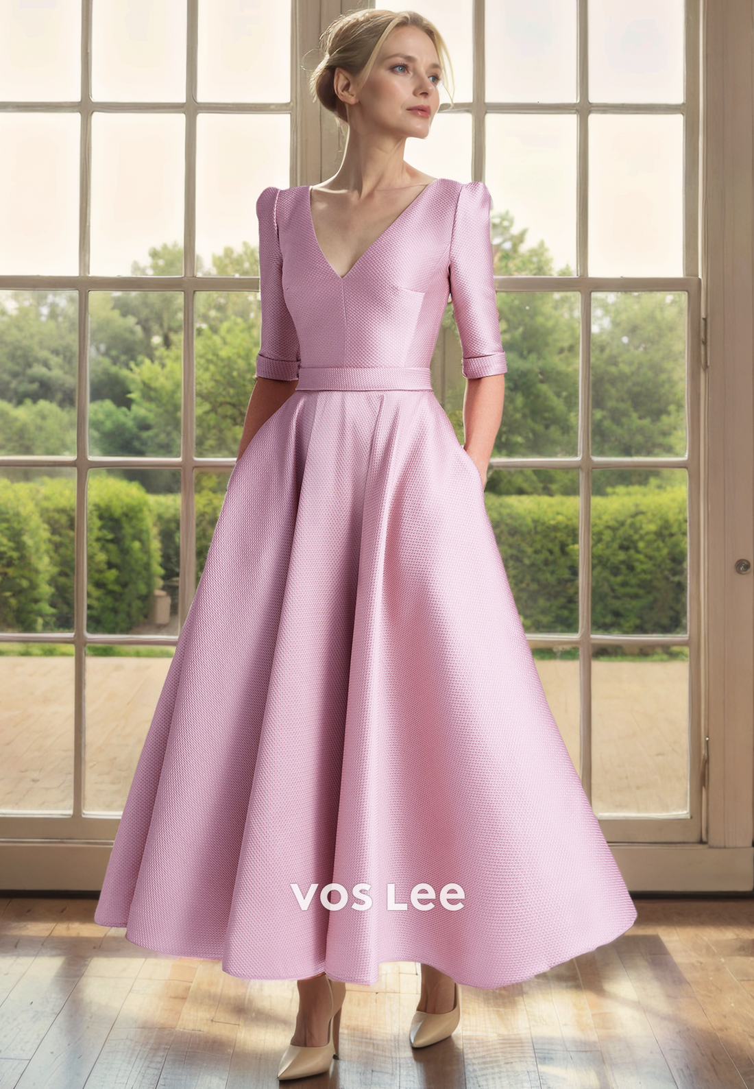 A-Line V-Neck Tea-Length Half Sleeves Mother of the Bride Dress/Cocktail Dress