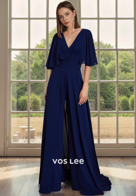 A-Line V-Neck Bat Sleeves Court Train Chiffon Mother of the Bride Dress/Cocktail Dress