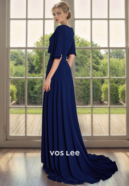 A-Line V-Neck Bat Sleeves Court Train Chiffon Mother of the Bride Dress/Cocktail Dress