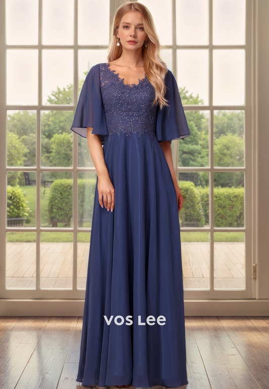 A-Line V-Neck Bat Sleeves Sweep Train Lace Chiffon Mother of the Bride Dress/Cocktail Dress with Aplliques