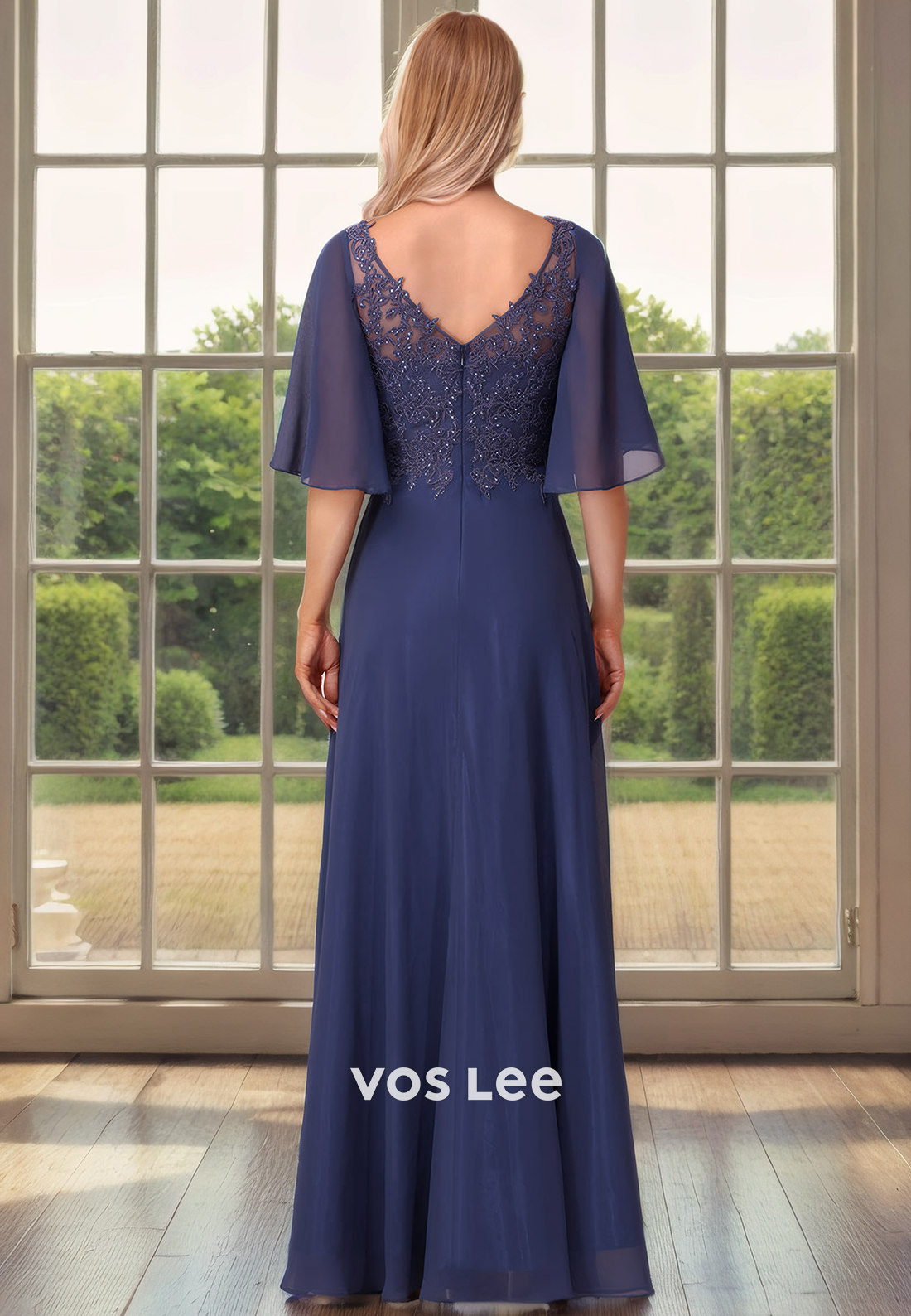 A-Line V-Neck Bat Sleeves Sweep Train Lace Chiffon Mother of the Bride Dress/Cocktail Dress with Aplliques