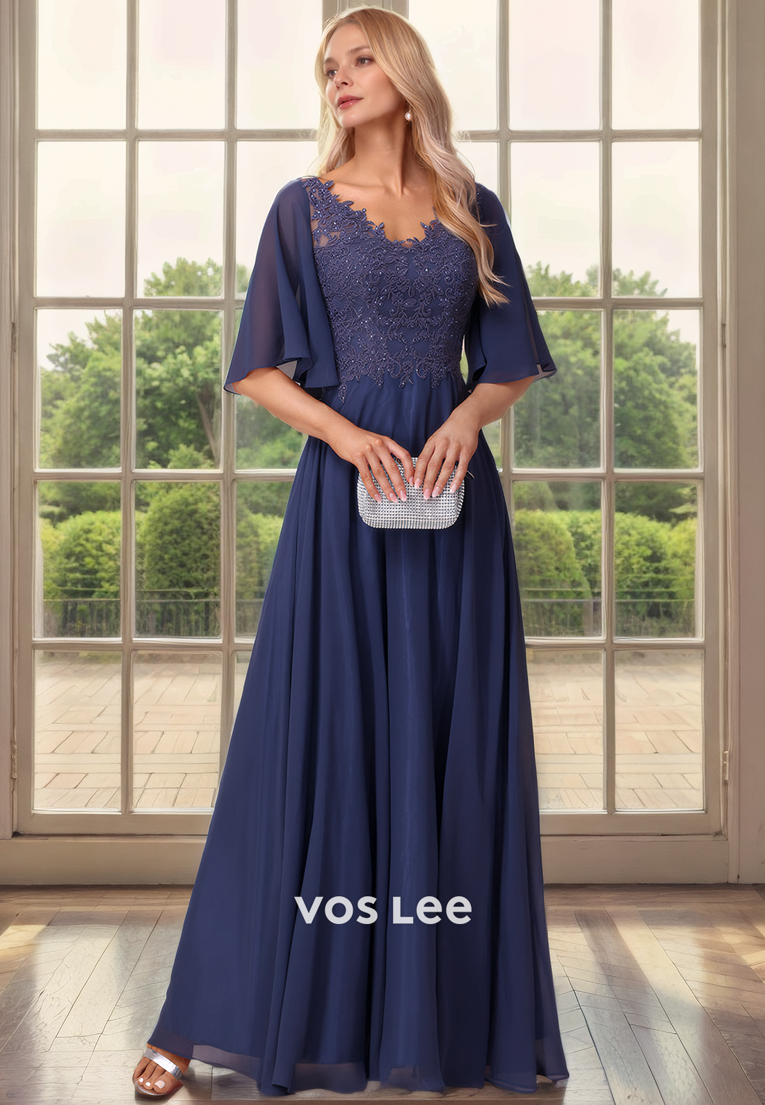 A-Line V-Neck Bat Sleeves Sweep Train Lace Chiffon Mother of the Bride Dress/Cocktail Dress with Aplliques