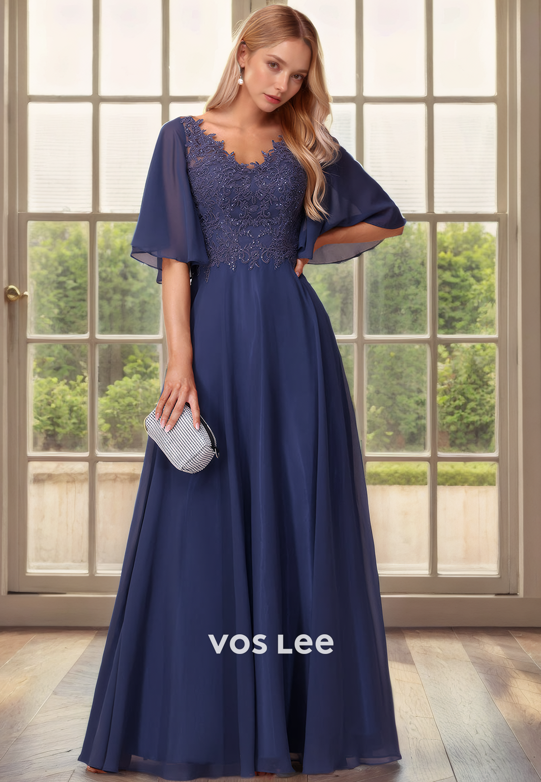 A-Line V-Neck Bat Sleeves Sweep Train Lace Chiffon Mother of the Bride Dress/Cocktail Dress with Aplliques