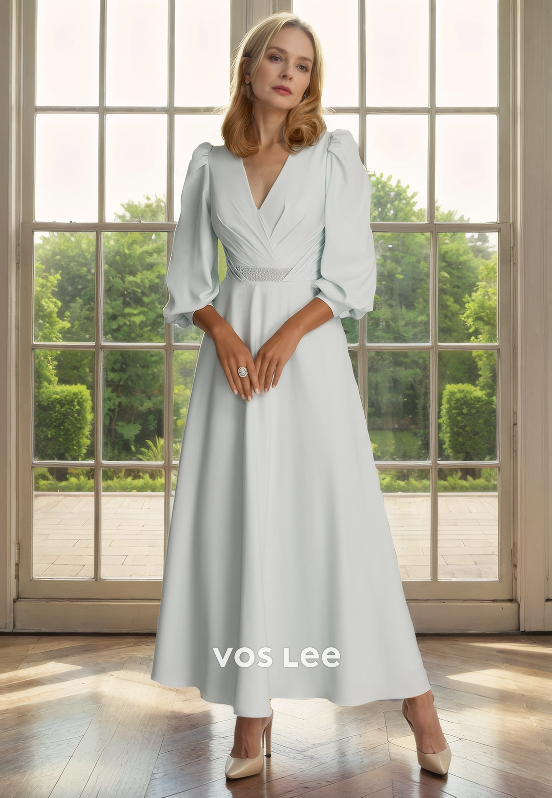 A-Line V-Neck Tea-Length Half Sleeves Ruched Satin Mother of the Bride Dress/Cocktail Dress