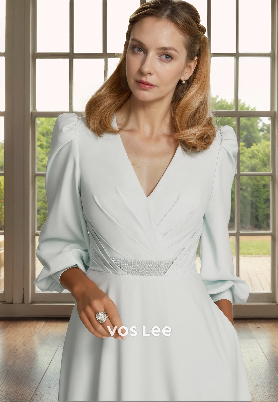 A-Line V-Neck Tea-Length Half Sleeves Ruched Satin Mother of the Bride Dress/Cocktail Dress