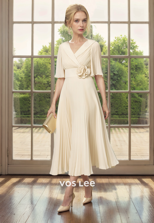 A-Line V-Neck Tea-Length Half Sleeves Ruched Chiffon Mother of the Bride Dress/Cocktail Dress