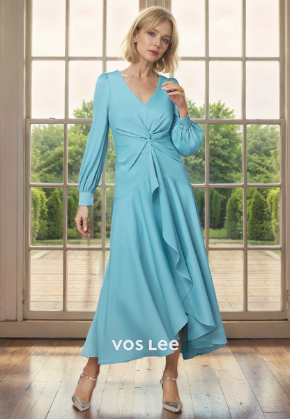 A-Line V-Neck Tea-Length Long Sleeves Ruched Chiffon Mother of the Bride Dress/Cocktail Dress