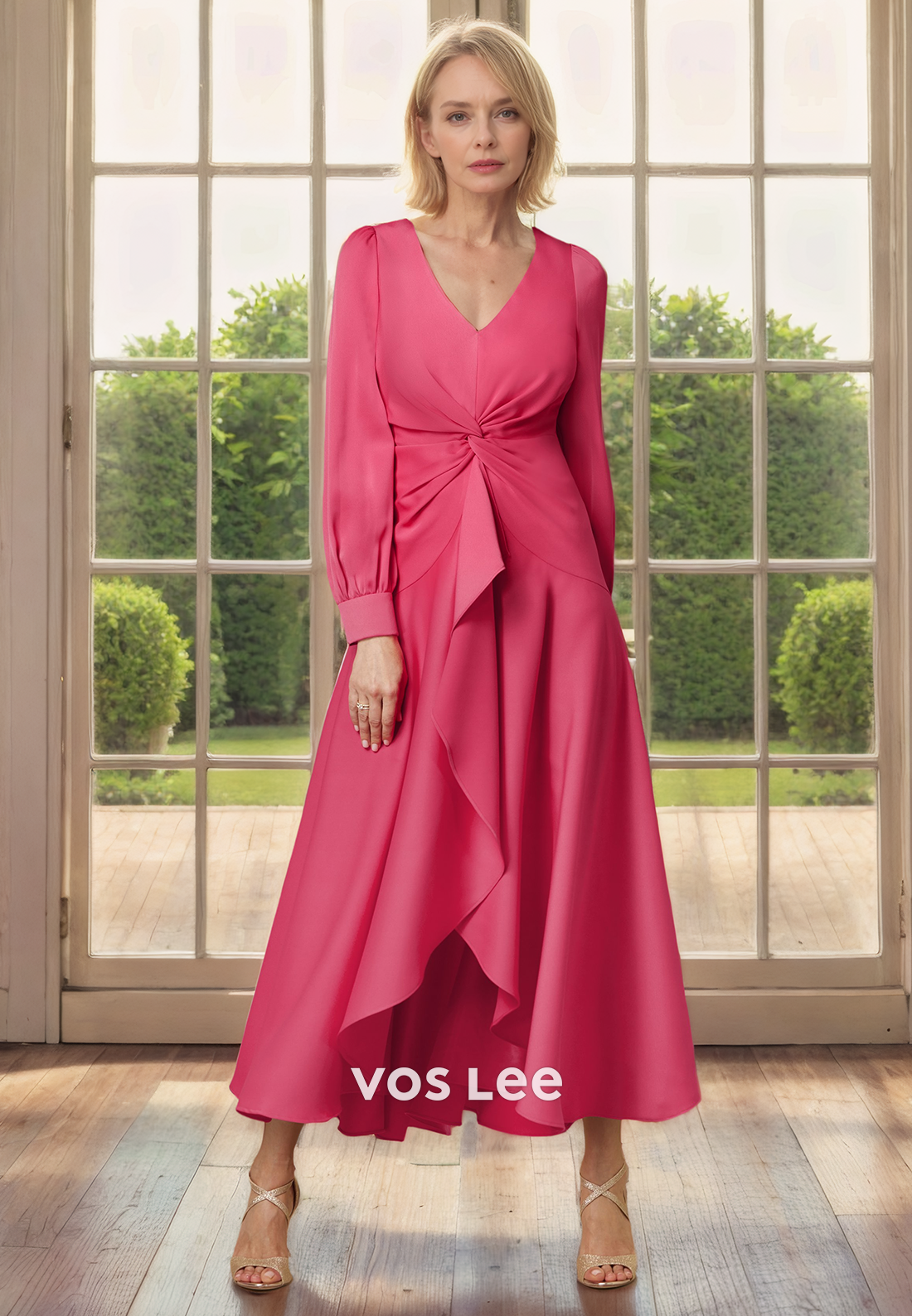 A-Line V-Neck Tea-Length Long Sleeves Ruched Chiffon Mother of the Bride Dress/Cocktail Dress