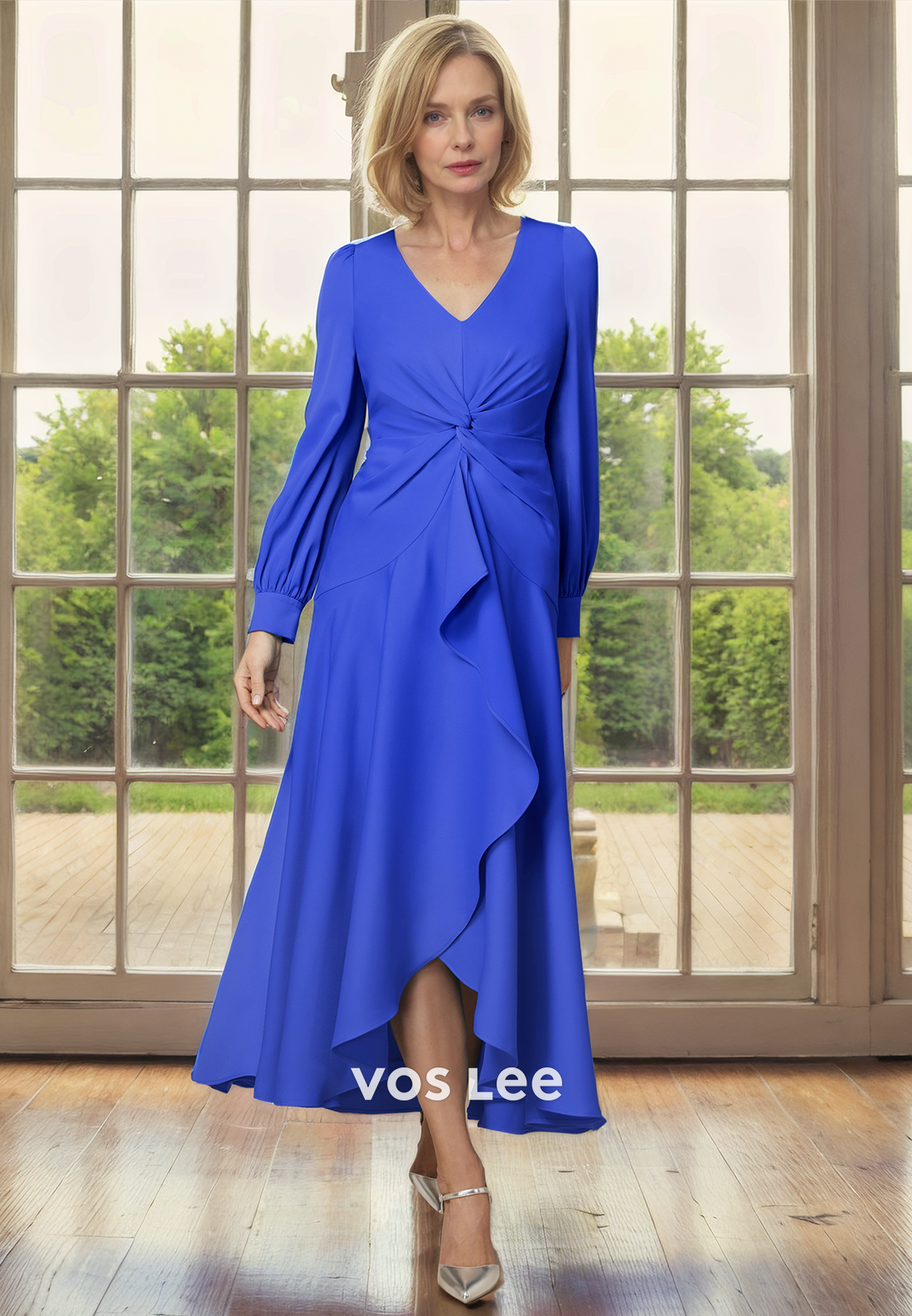 A-Line V-Neck Tea-Length Long Sleeves Ruched Chiffon Mother of the Bride Dress/Cocktail Dress