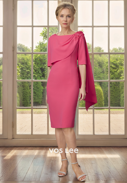 Short Sheath/Column Bateau Knee-Length Half Sleeves Satin Mother of the Bride Dress/Cocktail Dress