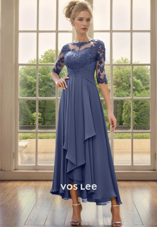 A-Line Bateau Illusion Tea-Length Half Sleeves Lace Chiffon Mother of the Bride Dress with Cascading Ruffles