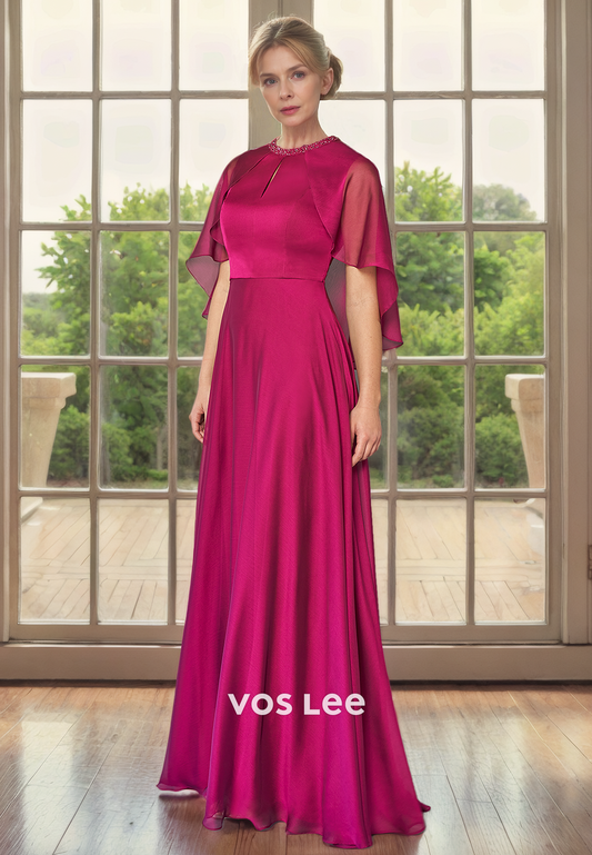 A-Line Round Bat Sleeves Floor-Length Chiffon Mother of the Bride Dress/Cocktail Dress