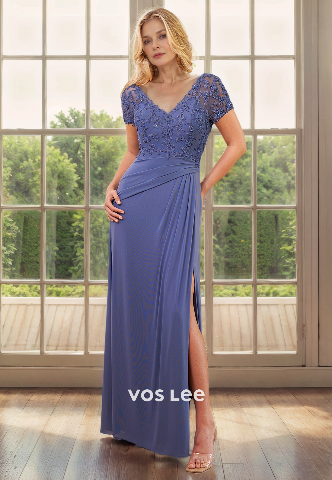 Sheath/Column V-Neck Cap Sleeves Floor-Length Lace Satin Mother of the Bride Dress with Appliques