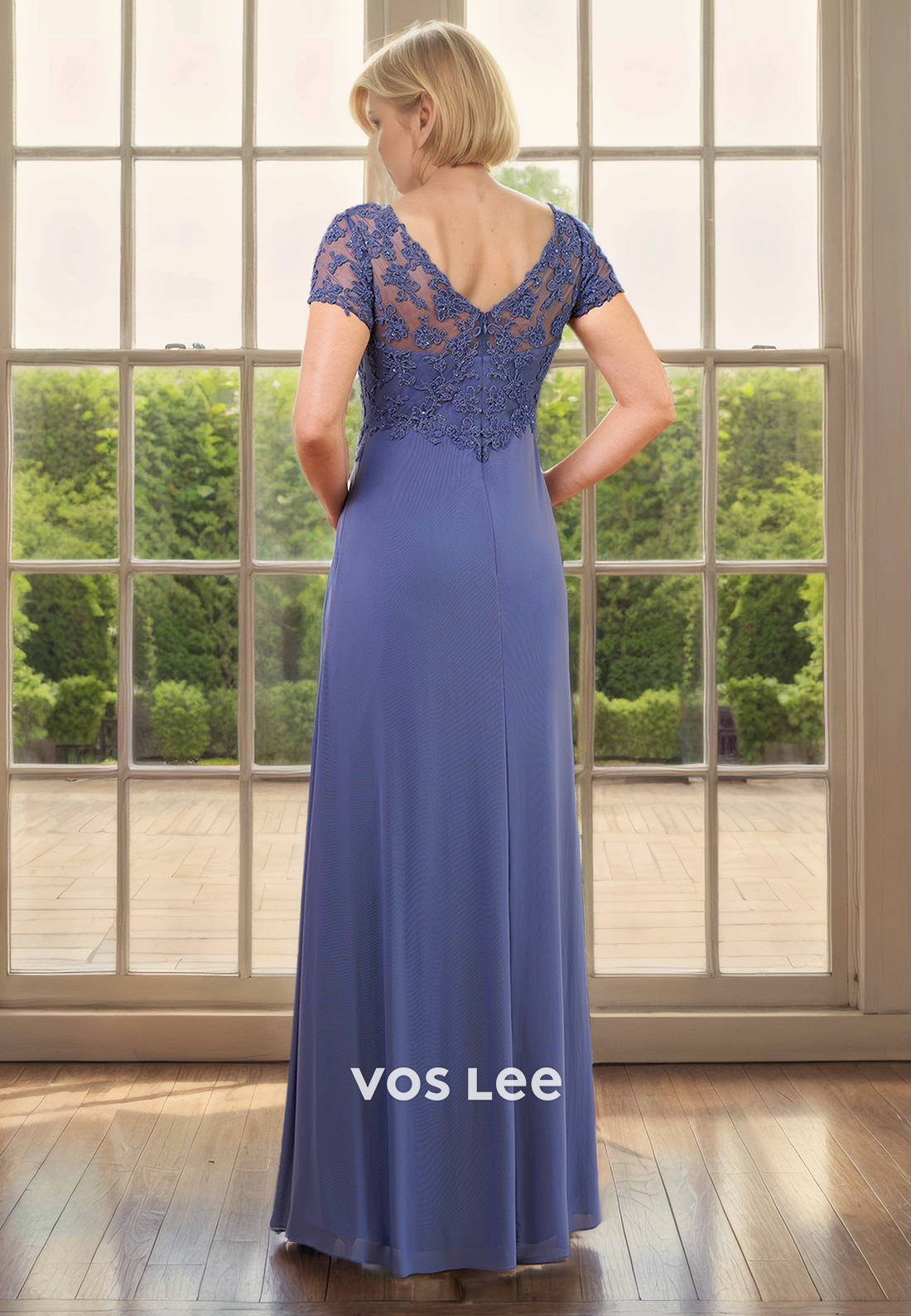 Sheath/Column V-Neck Cap Sleeves Floor-Length Lace Satin Mother of the Bride Dress with Appliques