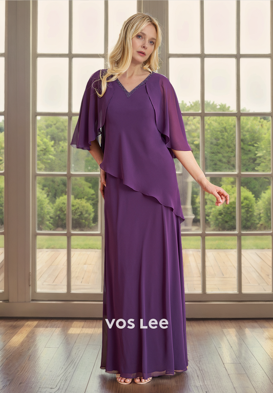 Sheath/Column V-Neck Bat Sleeves Floor-Length Chiffon Mother of the Bride Dress