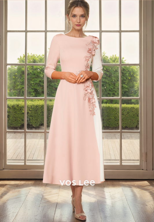 A-Line Bateau 3/4 Sleeves Tea-Length Satin Mother of the Bride Dress/Cocktail Dress with Appliques