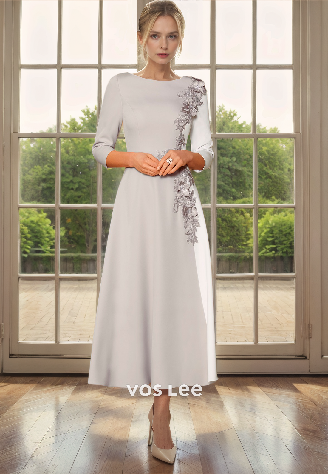 A-Line Bateau 3/4 Sleeves Tea-Length Satin Mother of the Bride Dress/Cocktail Dress with Appliques