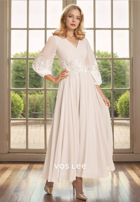 A-Line V-Neck Ankle-Length 3/4 Sleeves Pleated Chiffon Mother of the Bride Dress/Cocktail Dress with Appliques