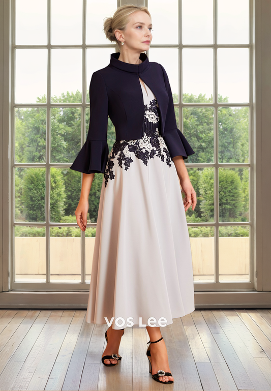 A-Line Bateau Cap Sleeves Lace Appliques Tea Length Pleated Mother of the Evening Dress