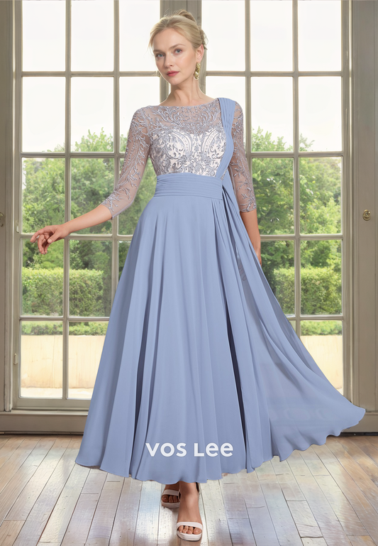 Unique Bateau Long Sleeves Lace Appliques Long Pleated Mother of the Wedding Guest Dress