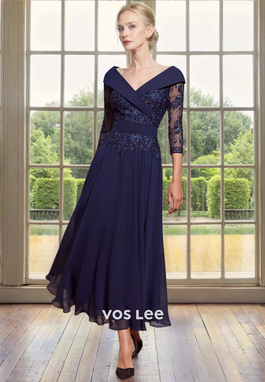 Ornate A-Line V Neck Lone Sleeves Tea Length Sequins Satin Mother of the Party Dress