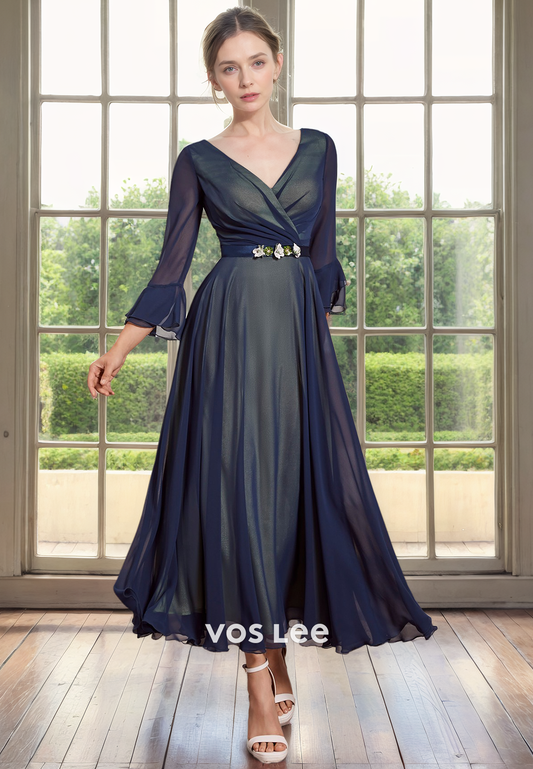 Vintage V Neck Long Sleeves A-Line 3D Flower Tea Length Tulle Mother of the Evening Dress