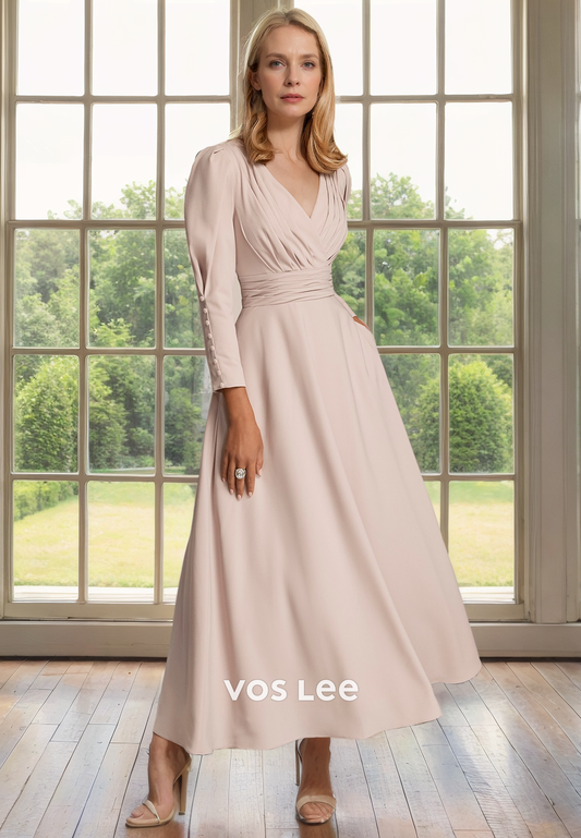 Simple A-Line V Neck Tea Length Long Sleeves Ruched Satin Mother of the Formal Dress