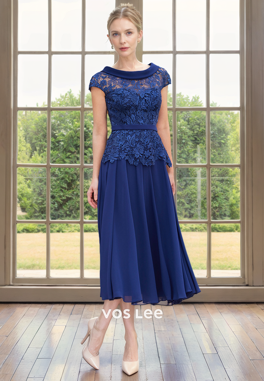 Gorgeous A-Line Bateau Cap Sleeves Lace Appliques Back Zipper Pleated Mother of the Evening Dress