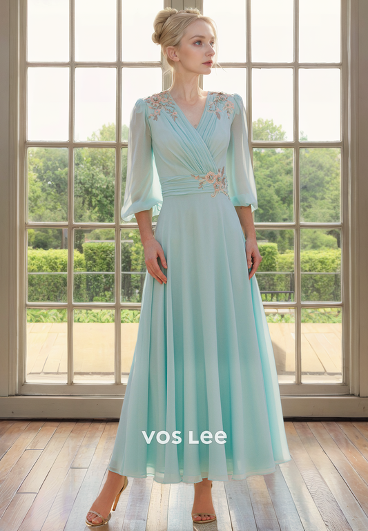 Elegant A-Line V Neck Long Sleeves Tea Length Beaded Pleated Satin Mother of the Bride Dress