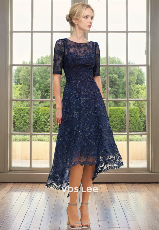 Charming High Low Bateau Half Sleeves Lace Appliques Mother of the Bride Dress