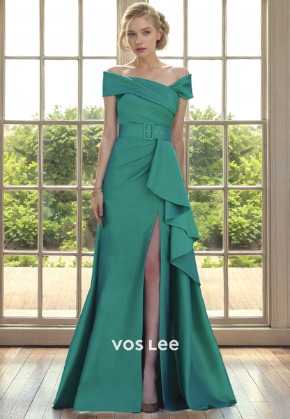 Sheath/Column Off Shoulder Floor-Length Satin Mother of the Bride Dress/Cocktail Dress with High Slit