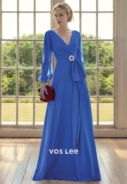 A-Line V-Neck Long Sleeves Floor-Length Chiffon Mother of the Bride Dress