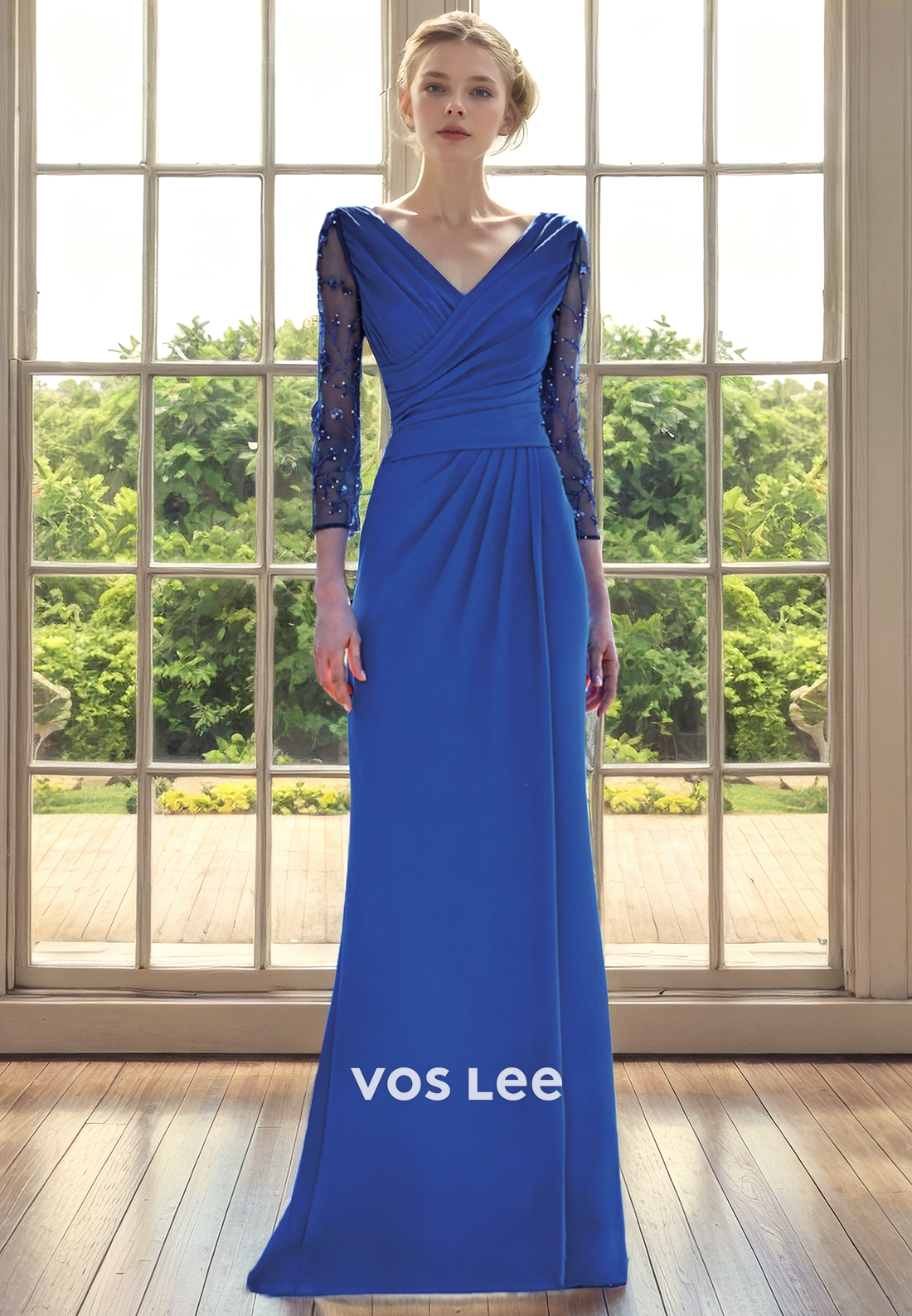 Sheath/Column V-Neck 3/4 Sleeves Floor-Length Pleated Satin Mother of the Bride Dress