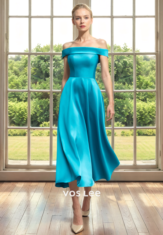 A-Line Off Shoulder Sleeveless Tea-Length Mother of the Bride Dress/Cocktail Dress