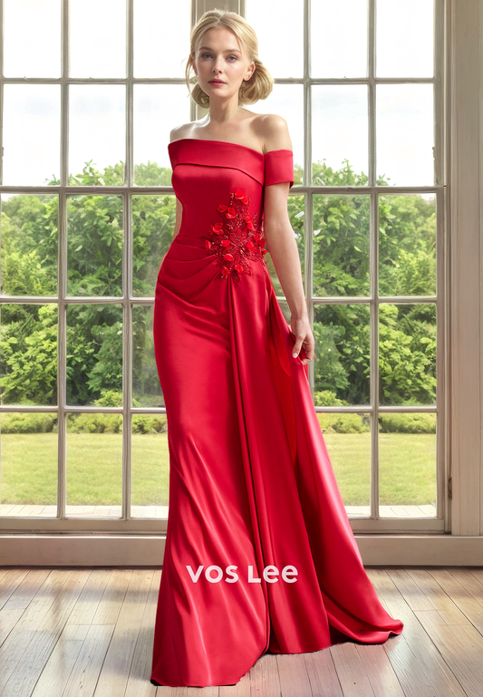 Elegant Red Off-Shoulder Satin Appliqued Mother of the Bride Dress Floor Length