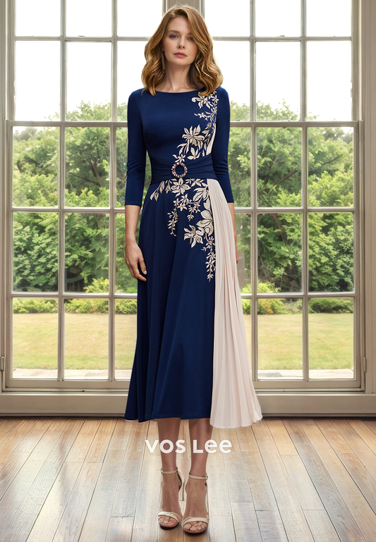 Scoop Tea Length Royal Blue Mother of the Bride Dress with Long Sleeves Appliqued Belt Formal Cocktail Dresses