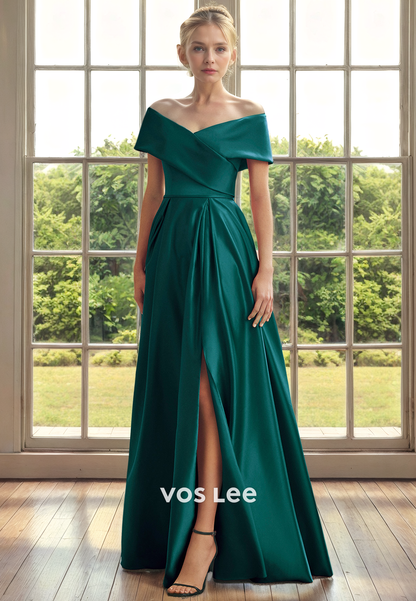 A-Line Floor Length Satin Mother of the Bride Dress Off-Shoulder Elegant Formal Cocktail Dress