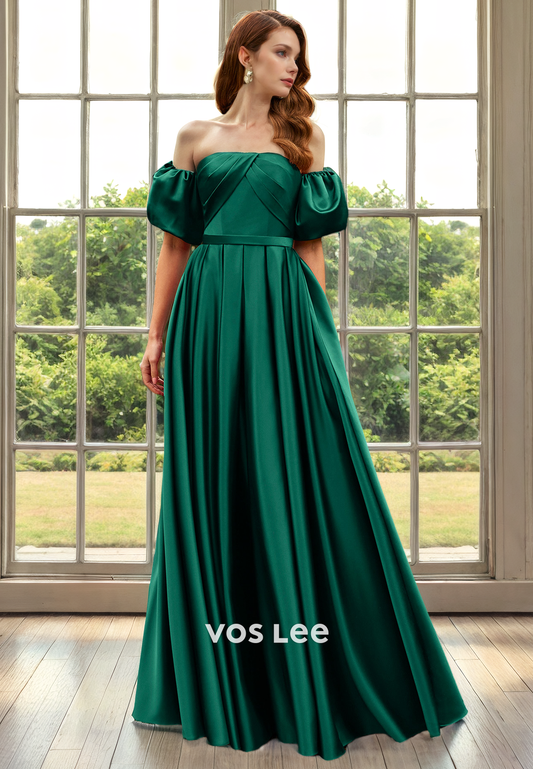 Unique Strapless Satin A-Line Mother of the Bride Dress Off-Shoulder Floor Length Draped Cocktail Dresses