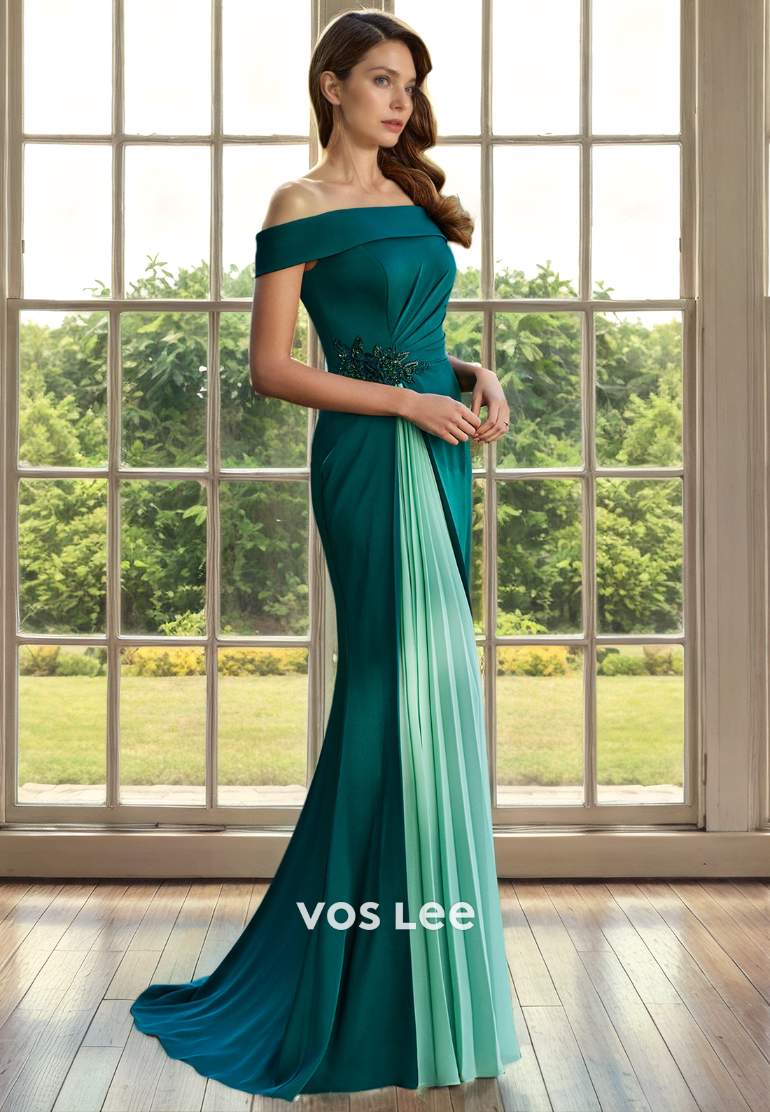 Elegant Green Pleated Mother of the Bride Dress Off-Shoulder Satin Floor Length Cocktail Dresses