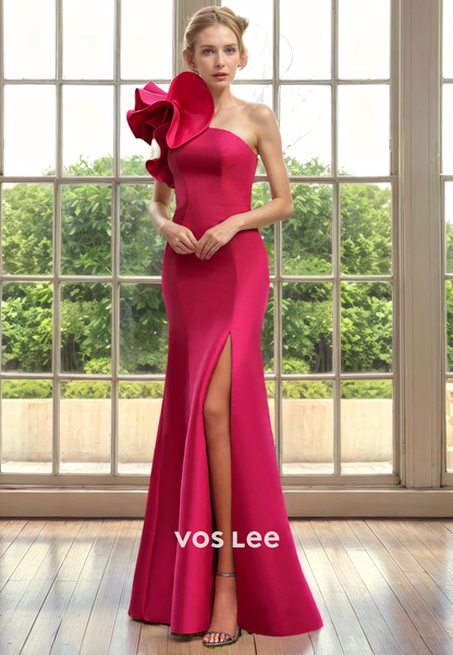 Graceful Satin A-Line Mother of the Bride Dress with Detached Train One Shoulder High Slit Formal Party Dress